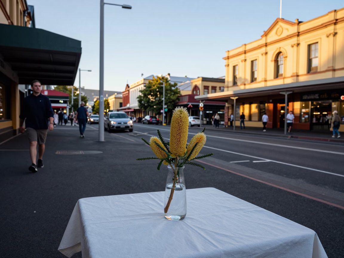 Late Afternoon Street Scene in Hobart Tasmania with Tablecloth and Glass Vase in in Hobart, Tasmania, Australia