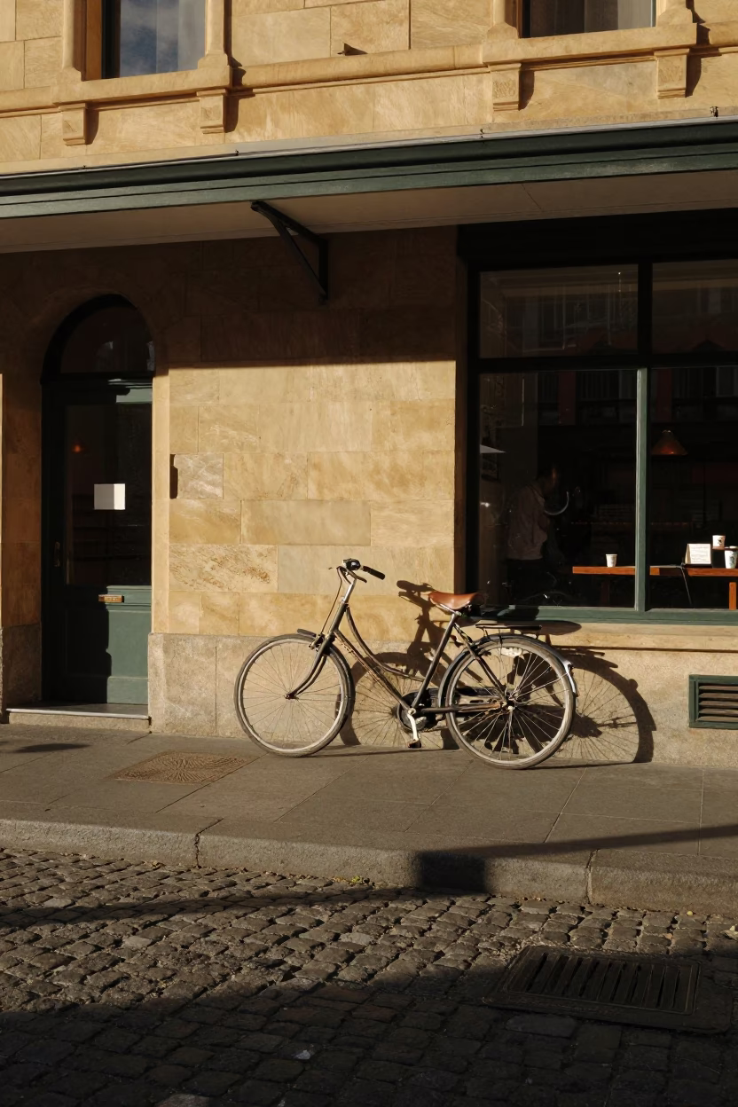 Late Afternoon Street Scene in Hobart Tasmania with Vintage Bicycle and Local Market Details in in Hobart, Tasmania, Australia
