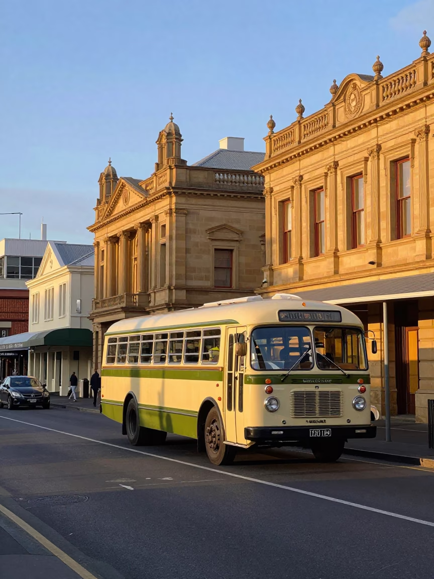 Late Afternoon Street Scene in Hobart Tasmania with Vintage Bus and Pedestrians in in Hobart, Tasmania, Australia