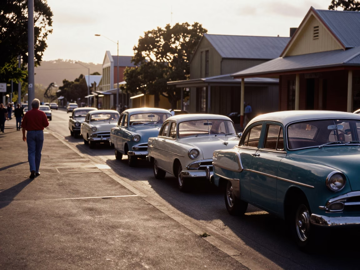 Late Afternoon Street Scene in Hobart Tasmania with Vintage Cars and Red Brick Buildings in in Hobart, Tasmania, Australia