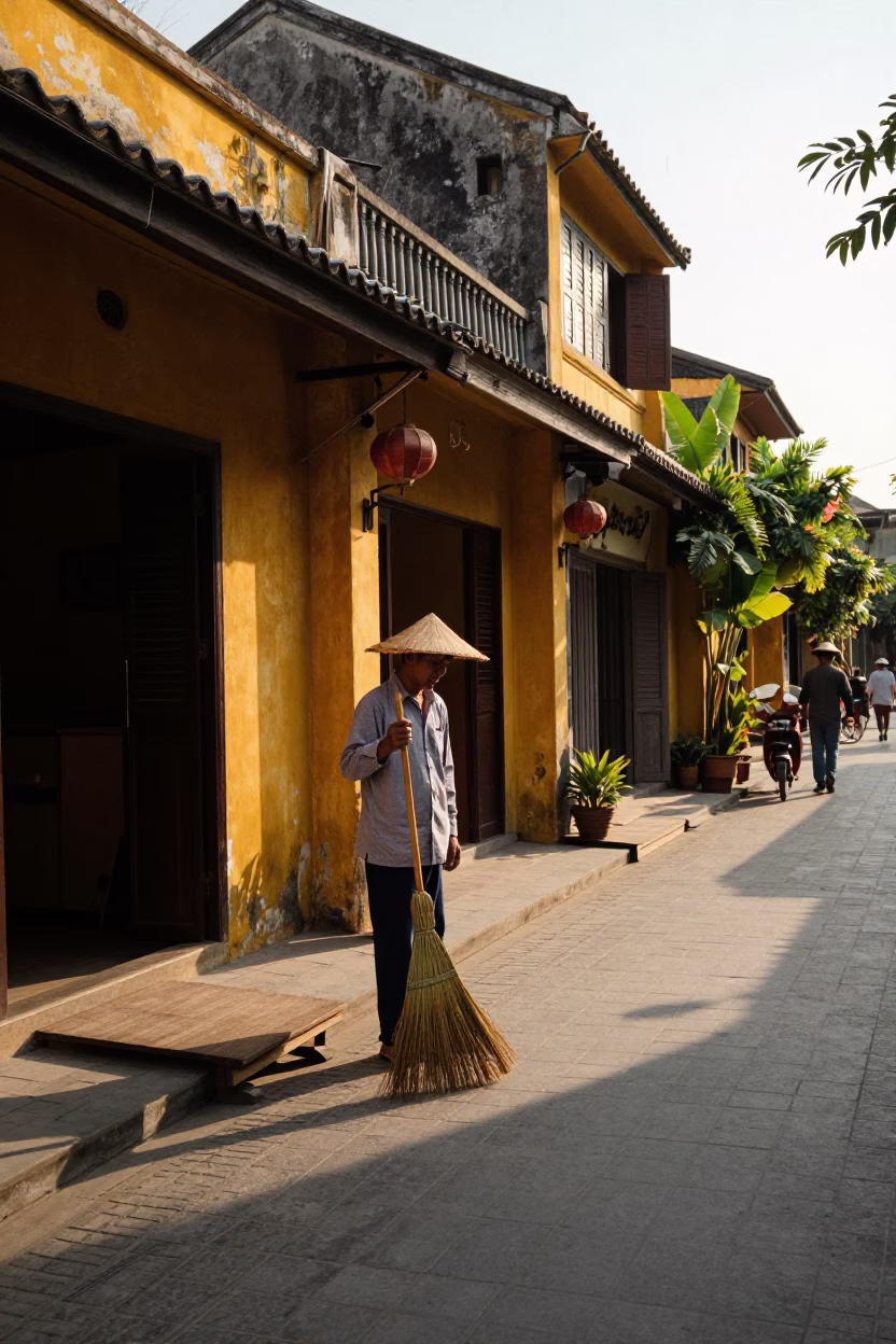 Late Afternoon Street Scene in Hoi An Vietnam with Broom and Traditional Architecture in in Hoi An, Vietnam