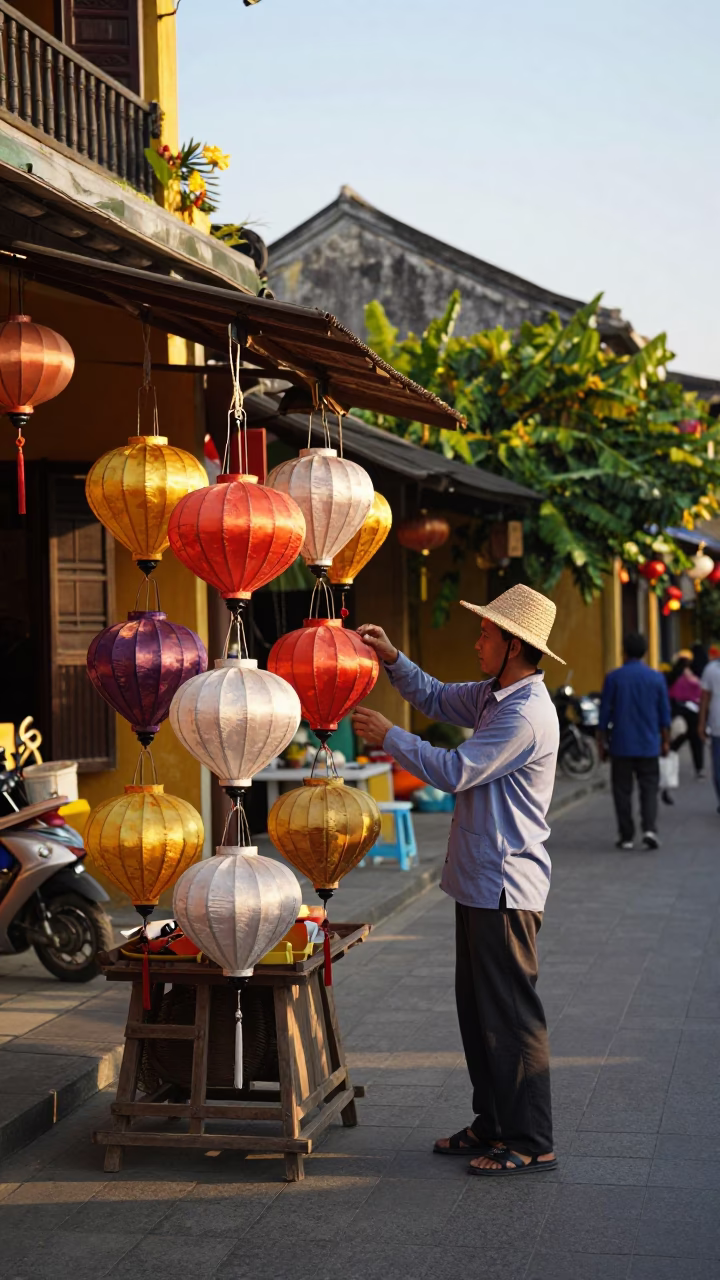 Late Afternoon Street Scene in Hoi An Vietnam with Lanterns and Traditional Architecture in in Hoi An, Vietnam