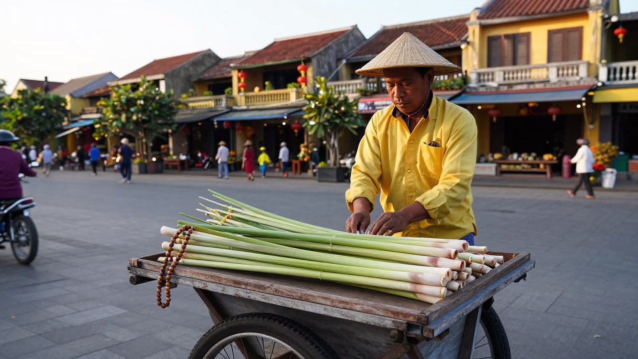Late Afternoon Street Scene in Hoi An Vietnam with Lemongrass and Prayer Beads in in Hoi An, Vietnam