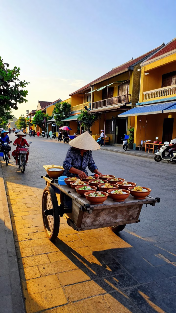 Late Afternoon Street Scene in Hoi An Vietnam with Local Food Vendors in in Hoi An, Vietnam
