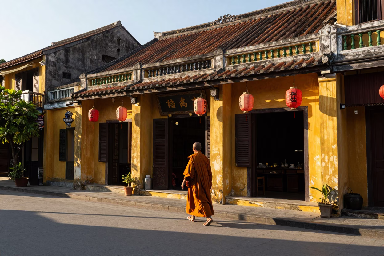 Late Afternoon Street Scene in Hoi An Vietnam with Monks and Traditional Architecture in in Hoi An, Vietnam