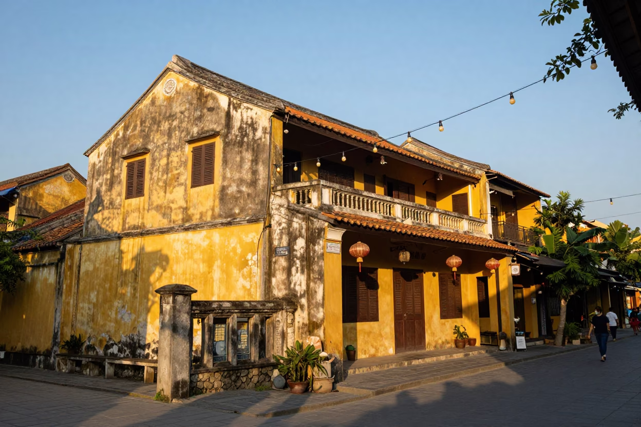 Late Afternoon Street Scene in Hoi An Vietnam with String Lights and Stone Architecture in in Hoi An, Vietnam