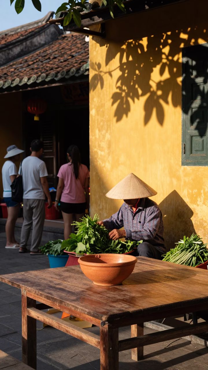 Late Afternoon Street Scene in Hoi An Vietnam with Terracotta Bowl and Local Activity in in Hoi An, Vietnam