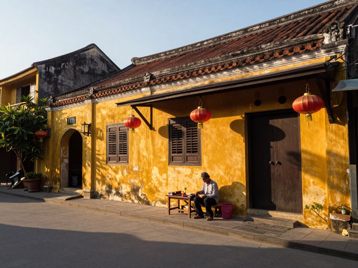 Late Afternoon Street Scene in Hoi An Vietnam with Yellow Walls and Local Commerce in in Hoi An, Vietnam