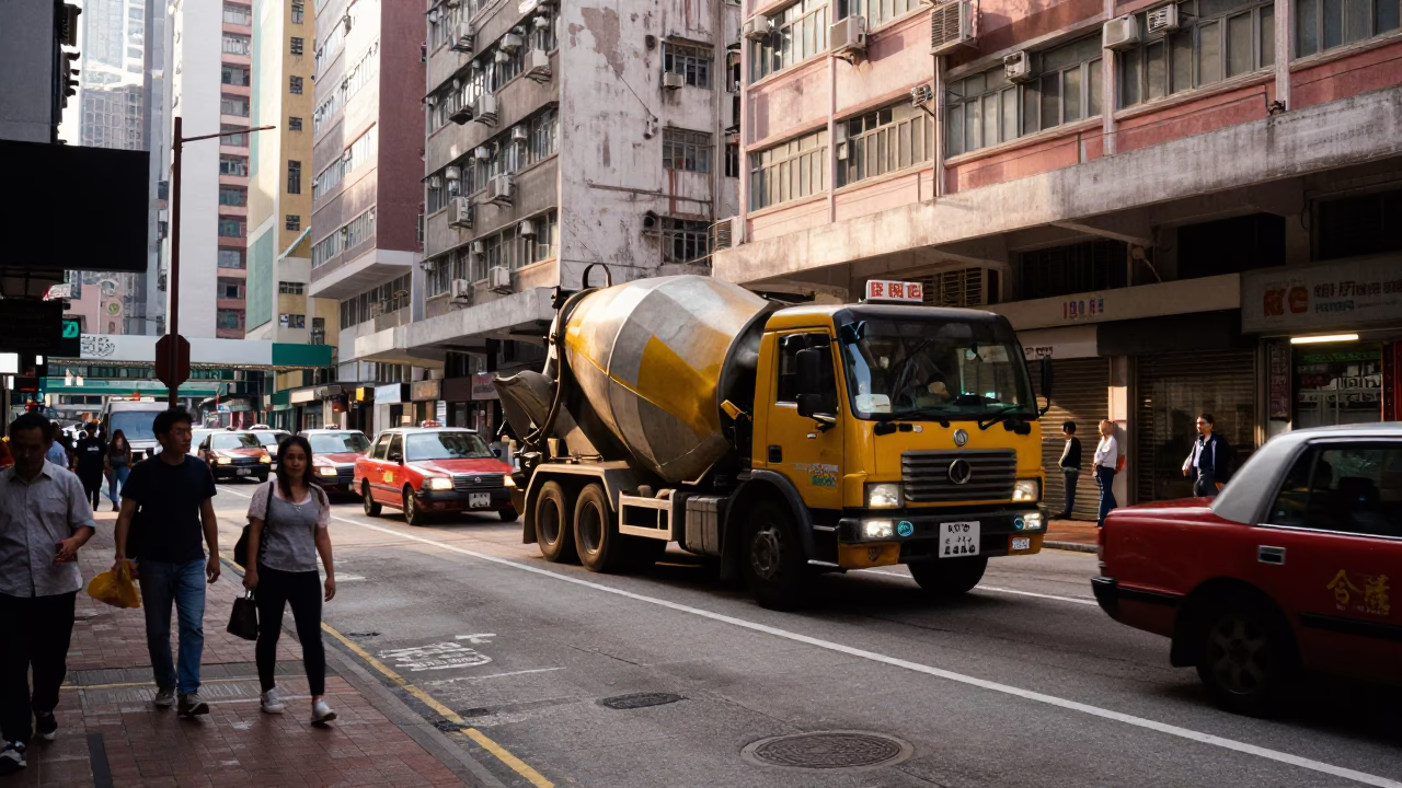 Late Afternoon Street Scene in Hong Kong with Cement Mixer and Urban Construction Activity in in Hong Kong, Hong Kong