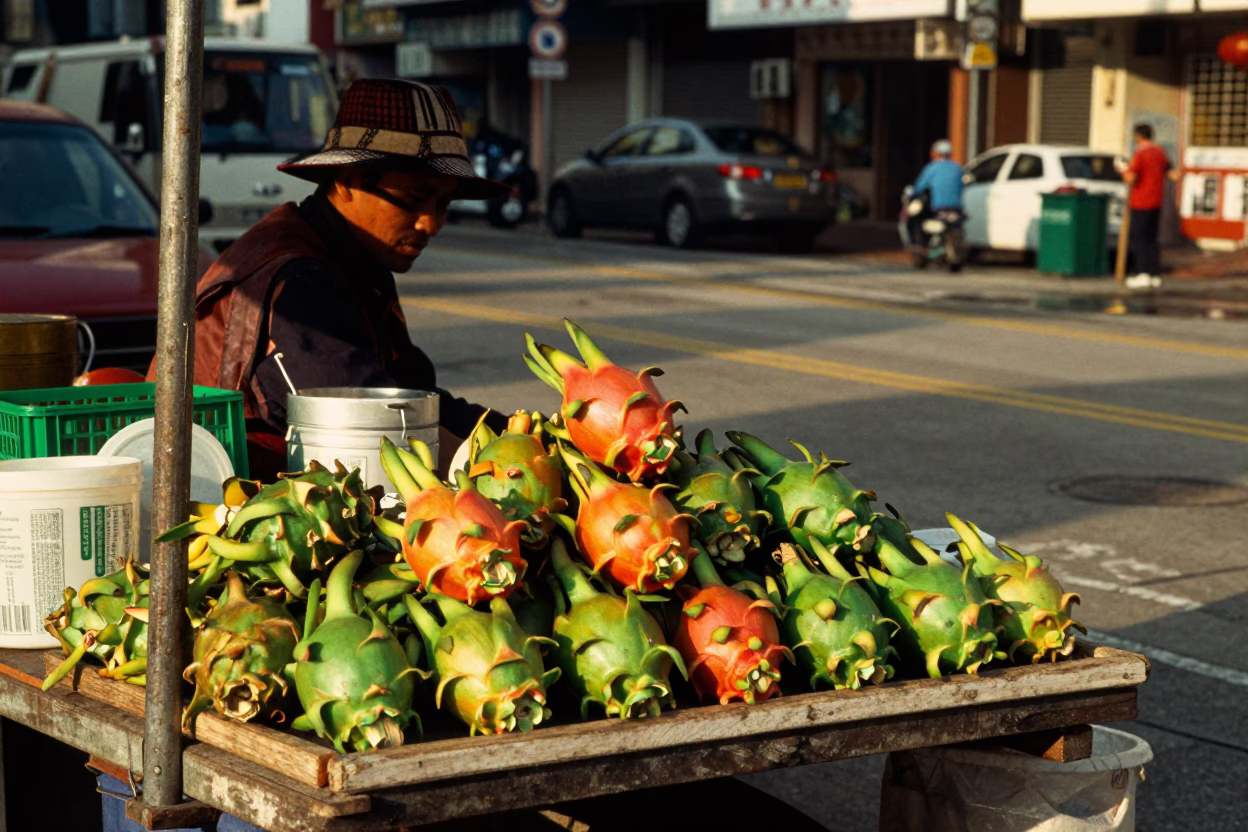 Late Afternoon Street Scene in Hong Kong with Dragon Fruit and Tin Box in in Hong Kong, Hong Kong