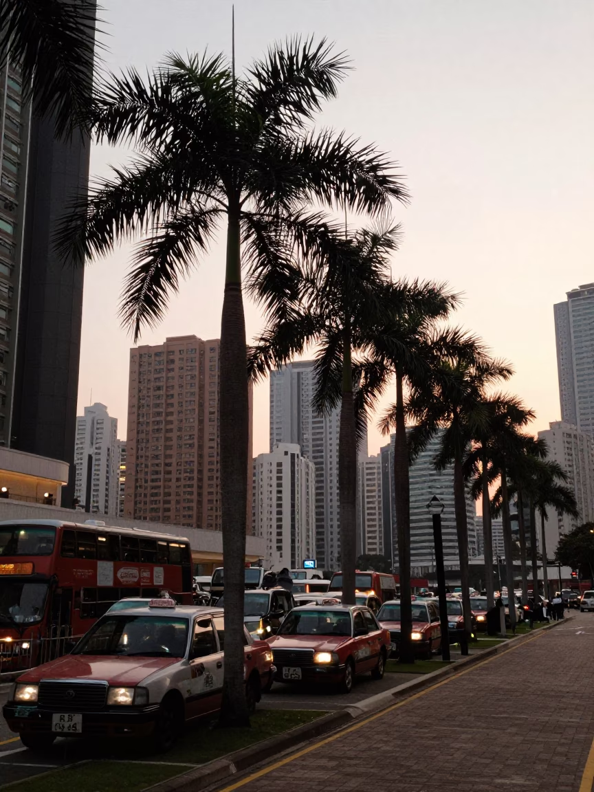 Late Afternoon Street Scene in Hong Kong with Palm Trees and Urban Life in in Hong Kong, Hong Kong
