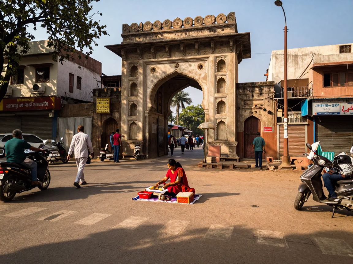Late Afternoon Street Scene in Hyderabad India with Henna Artist and Traditional Architecture in in Hyderabad, India