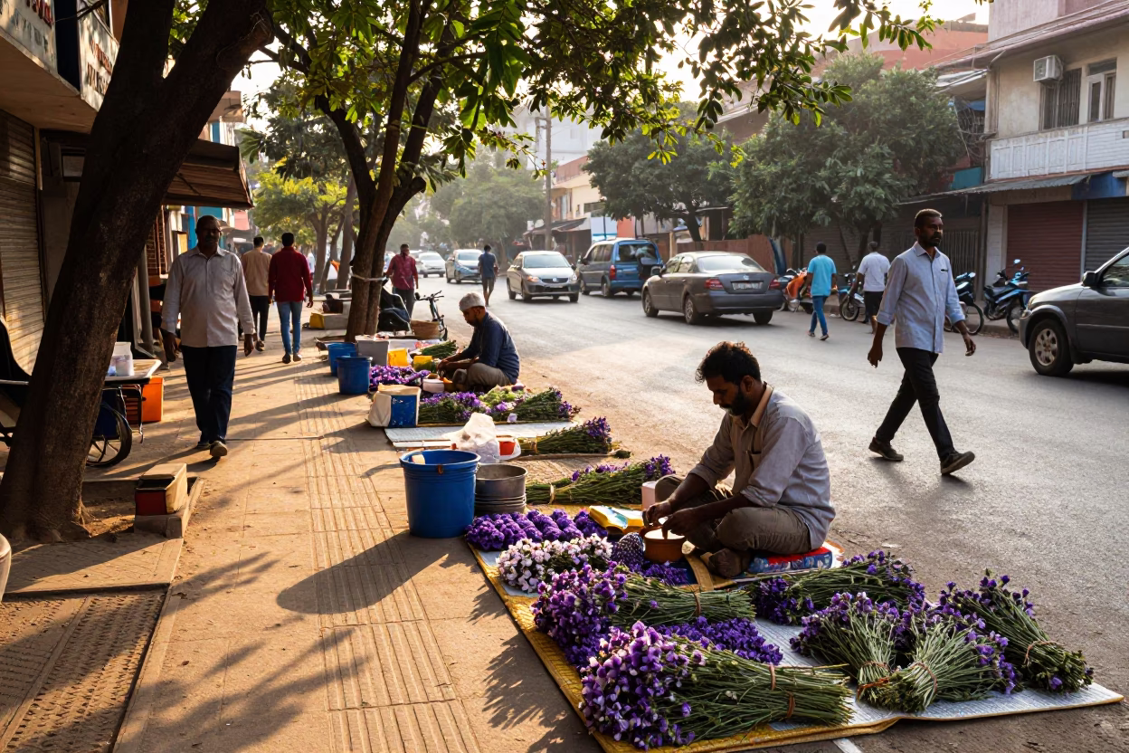 Late Afternoon Street Scene in Hyderabad India with Vendors and Violets in in Hyderabad, India