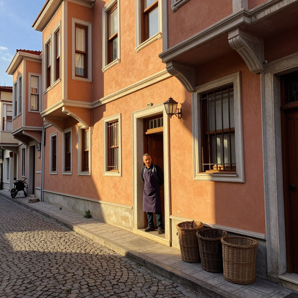 Late Afternoon Street Scene in Istanbul Turkey with Apron and Wicker Chair Shadow in in Istanbul, Turkey