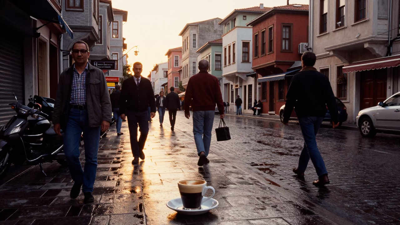 Late Afternoon Street Scene in Istanbul Turkey with Espresso Cup and Local Commerce in in Istanbul, Turkey