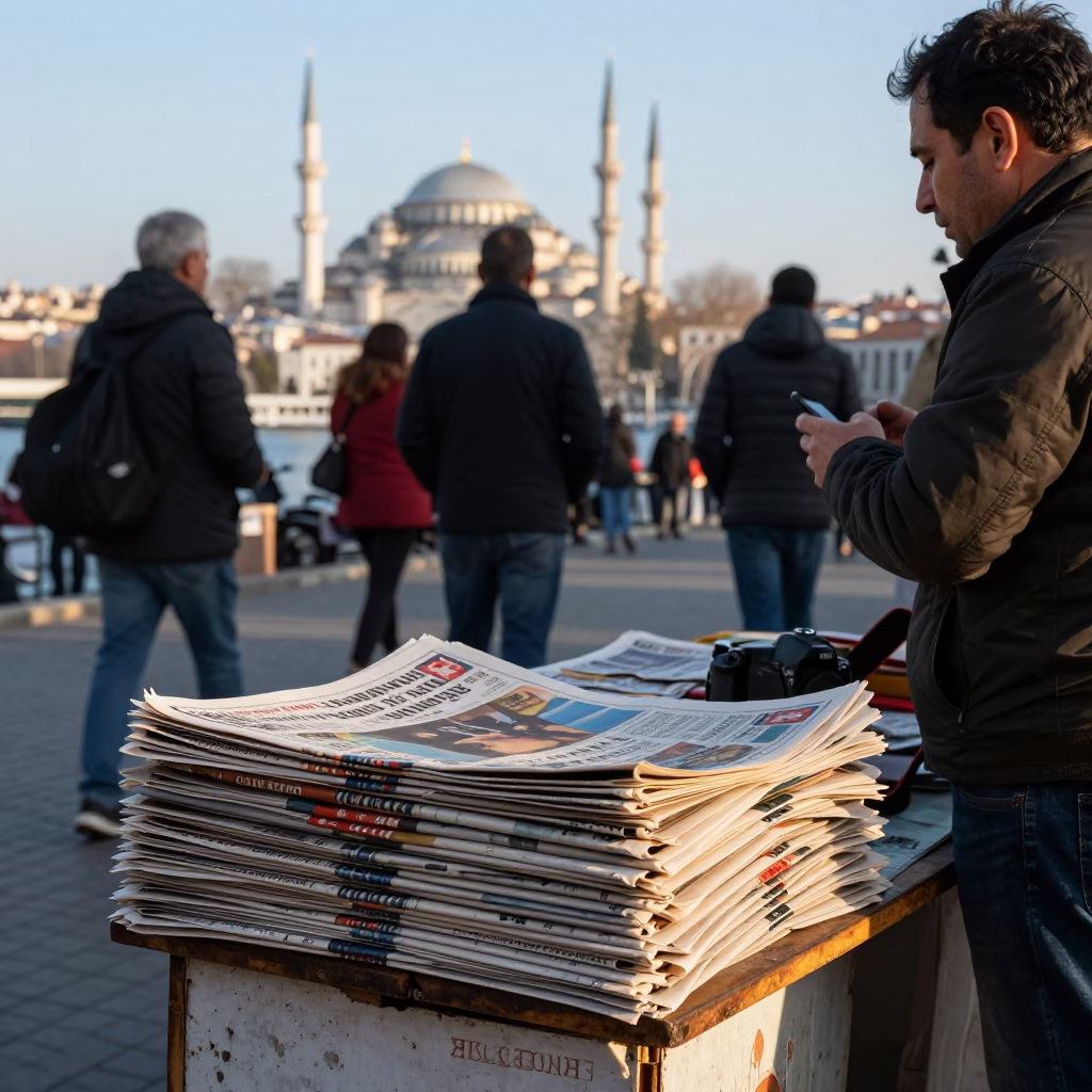 Late Afternoon Street Scene in Istanbul Turkey with Newspaper Stack and Wicker Shadow in in Istanbul, Turkey