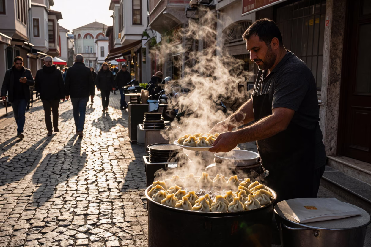 Late Afternoon Street Scene in Istanbul Turkey with Turkish Manti Dumplings in in Istanbul, Turkey