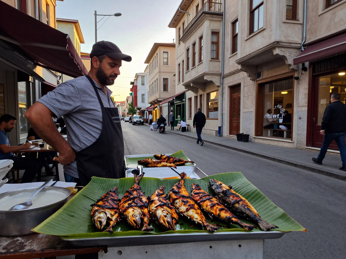 Late Afternoon Street Scene in Istanbul with Grilled Fish and Rusty Bucket in in Istanbul, Turkey