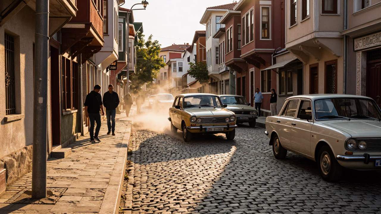 Late Afternoon Street Scene in Istanbul with Vintage Car Rally Passing Cobblestone Lane in in Istanbul, Turkey