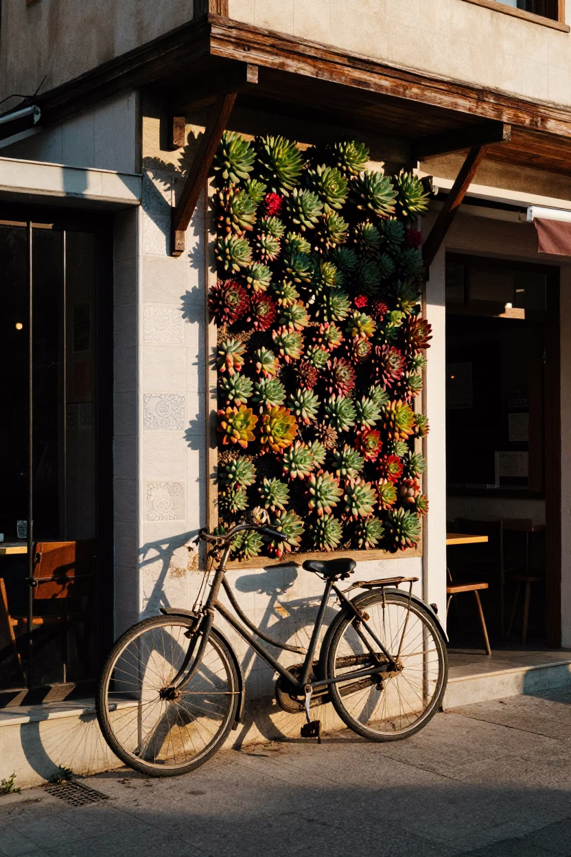 Late Afternoon Street Scene in Izmir Turkey with Bicycle and Succulent Living Wall in in Izmir, Turkey