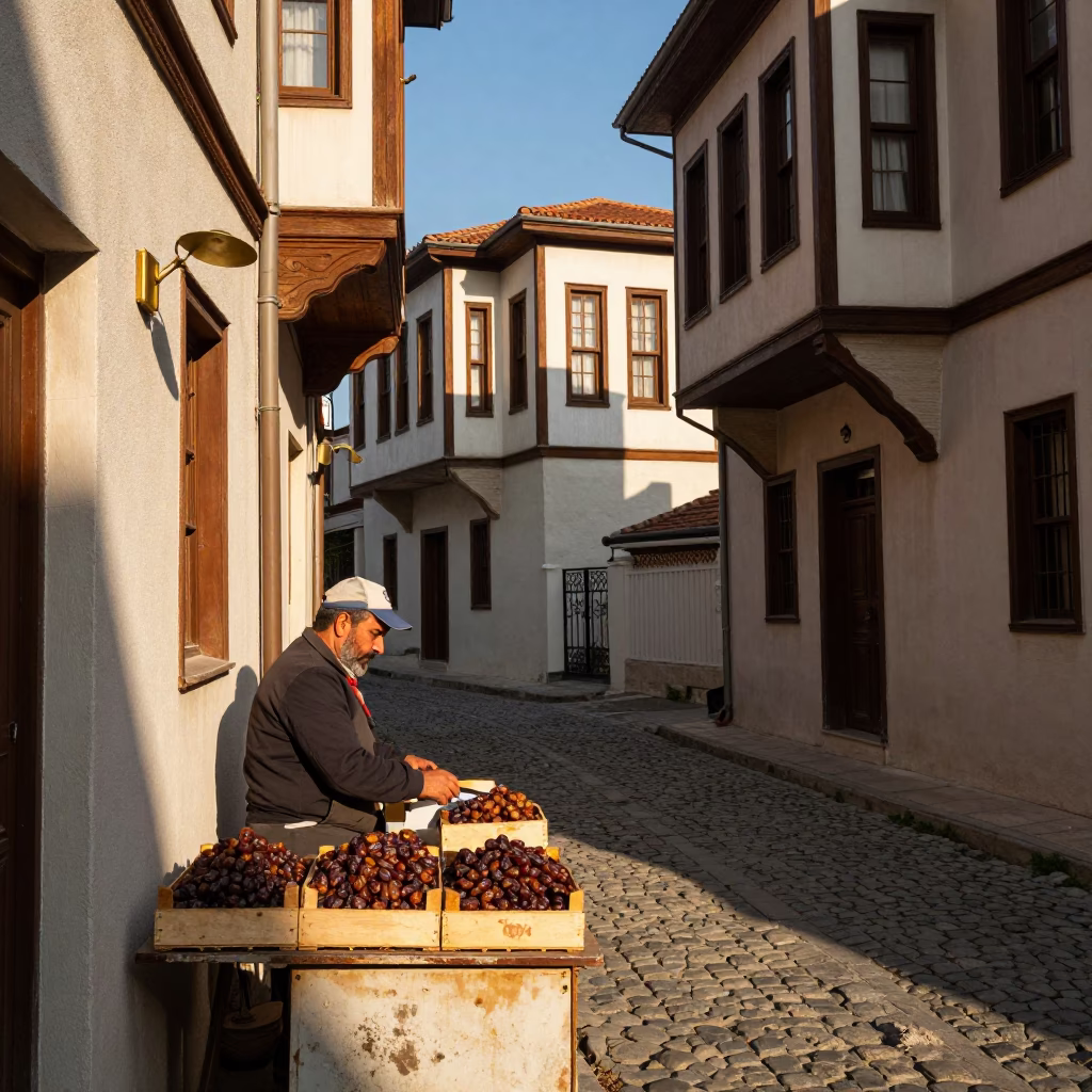 Late Afternoon Street Scene in Izmir Turkey with Brass Fixtures and Dates in in Izmir, Turkey