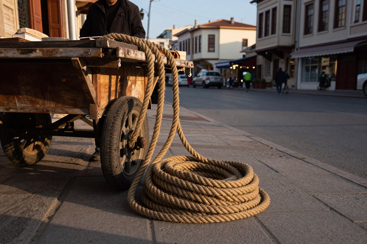 Late Afternoon Street Scene in Izmir Turkey with Coiled Rope and Linen Fringe in in Izmir, Turkey