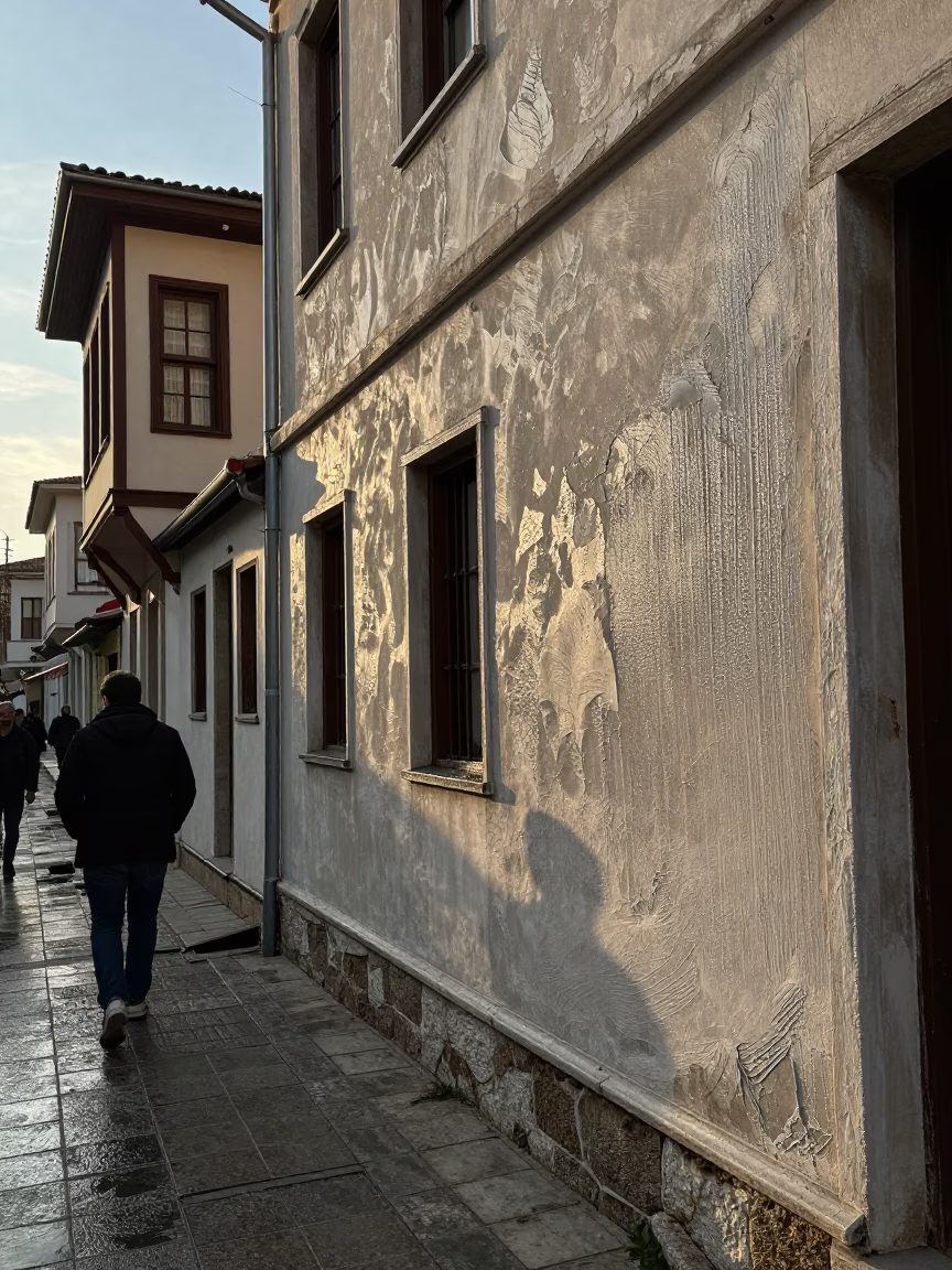 Late Afternoon Street Scene in Izmir Turkey with Condensation on Plaster Wall in in Izmir, Turkey