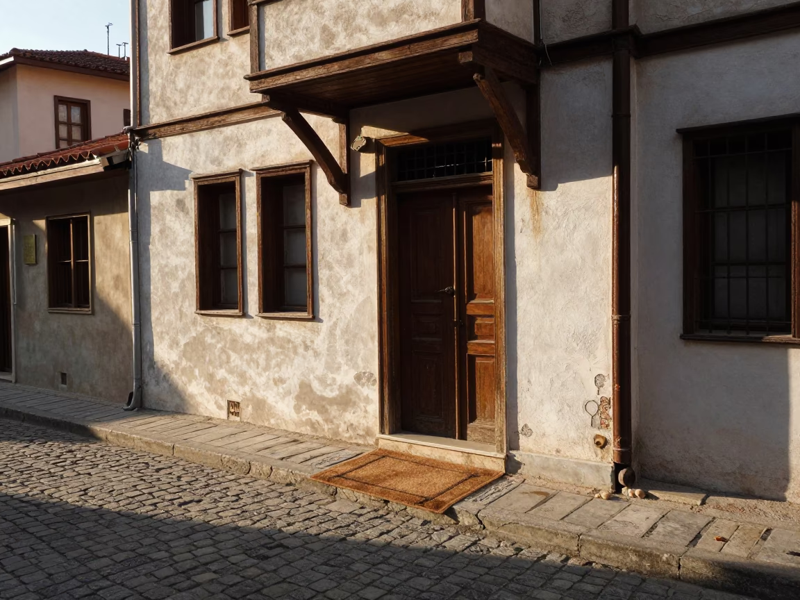 Late Afternoon Street Scene in Izmir Turkey with Door Mats and Broom in in Izmir, Turkey