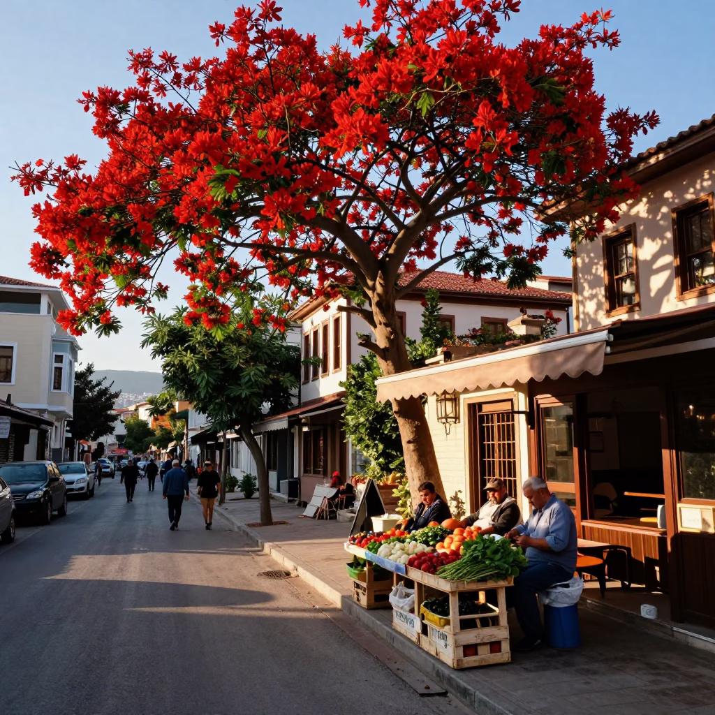 Late Afternoon Street Scene in Izmir Turkey with Flame Tree and Local Market Activity in in Izmir, Turkey