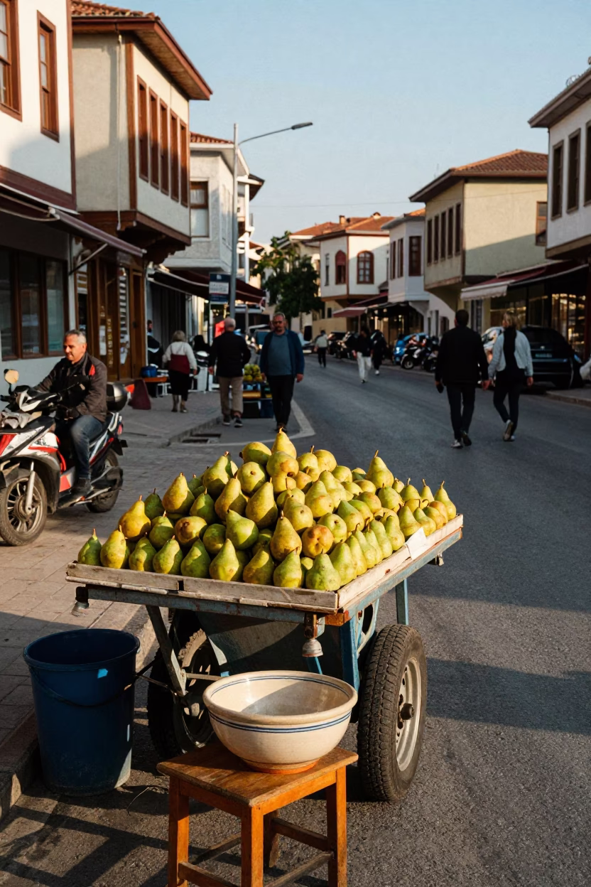 Late Afternoon Street Scene in Izmir Turkey with Pears and Local Market Activity in in Izmir, Turkey
