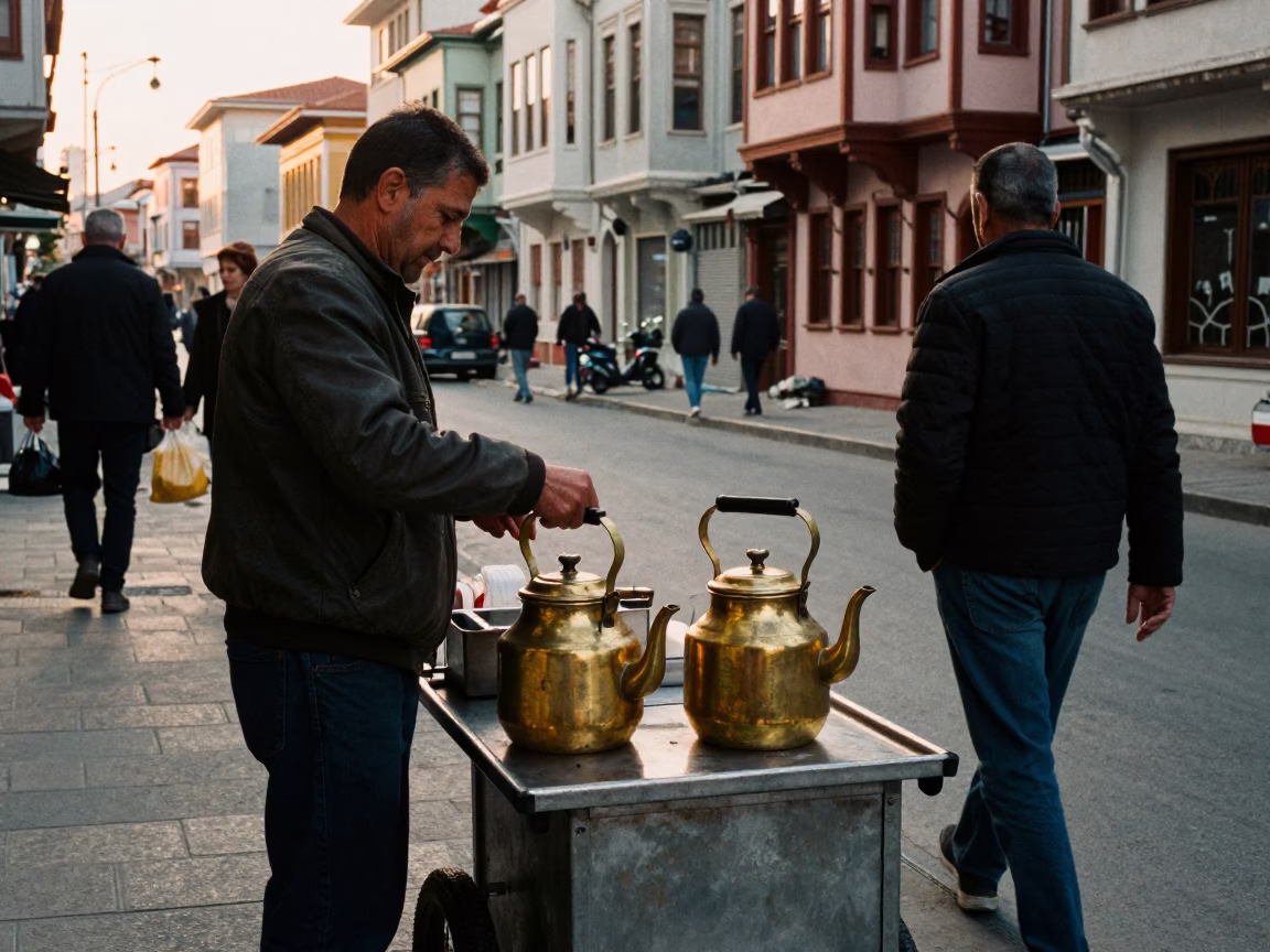 Late Afternoon Street Scene in Izmir Turkey with Tea Kettles and Blueberries in in Izmir, Turkey