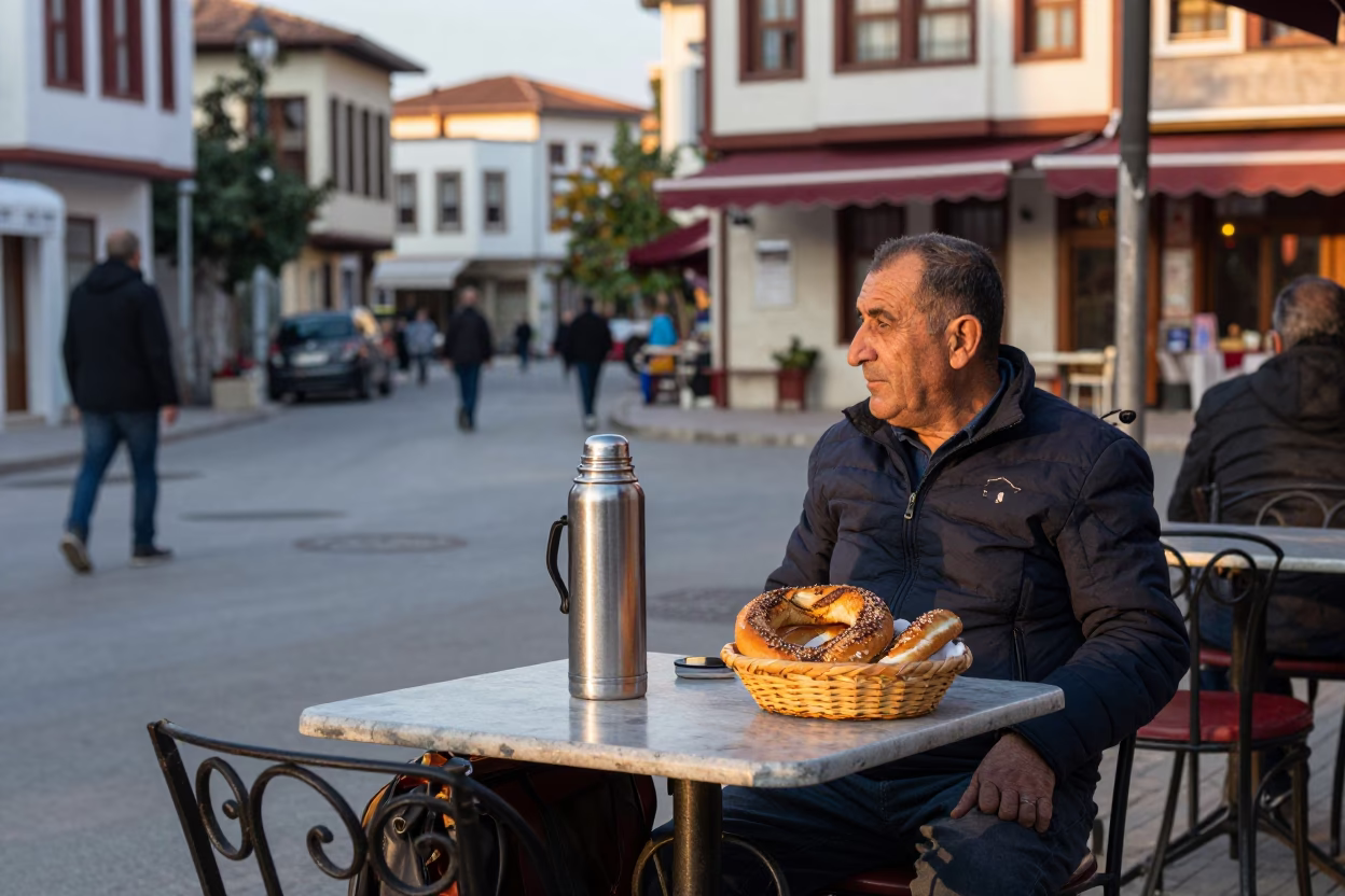 Late Afternoon Street Scene in Izmir Turkey with Thermos and Bread Basket in in Izmir, Turkey