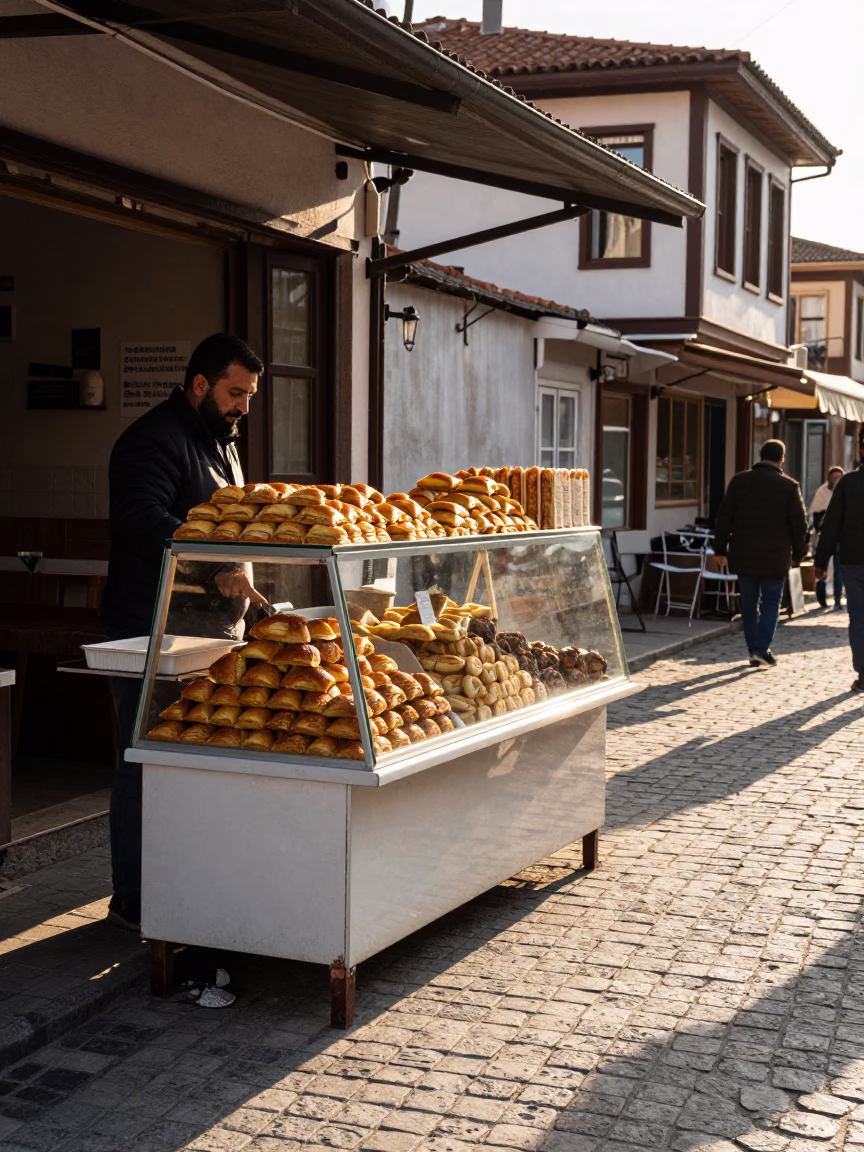 Late Afternoon Street Scene in Izmir Turkey with Traditional Turkish Pastries in in Izmir, Turkey