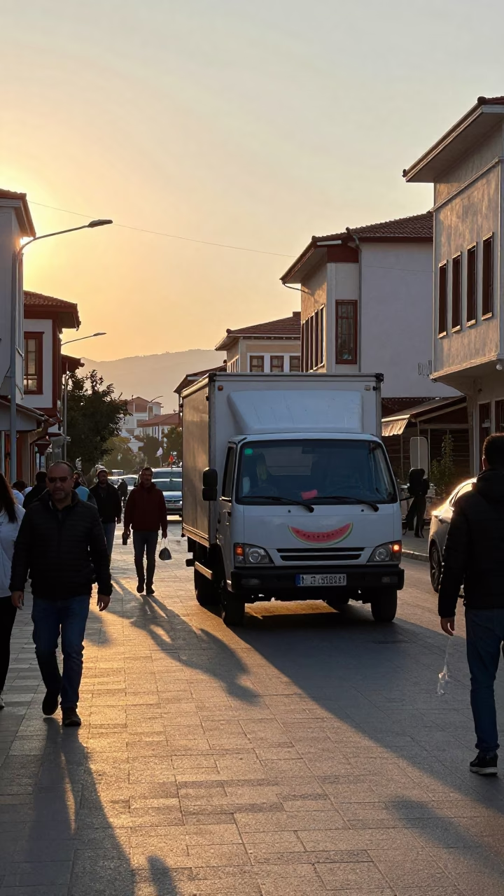 Late Afternoon Street Scene in Izmir Turkey with Watermelon Truck and Local Commerce in in Izmir, Turkey
