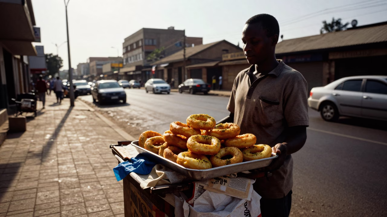 Late Afternoon Street Scene in Johannesburg with Mandazi Tray and Carafe in in Johannesburg, South Africa