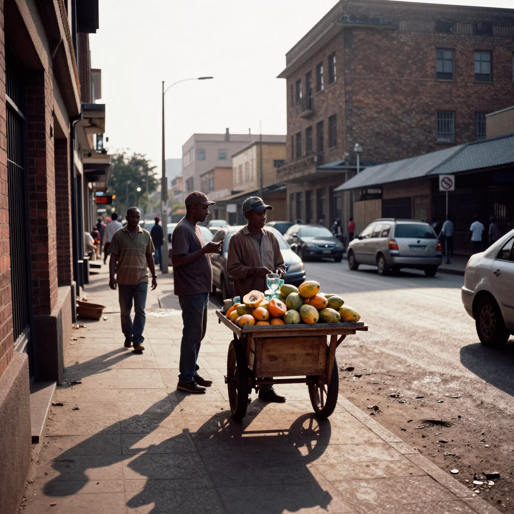 Late Afternoon Street Scene in Johannesburg With Papayas and Glass Bottles in in Johannesburg, South Africa