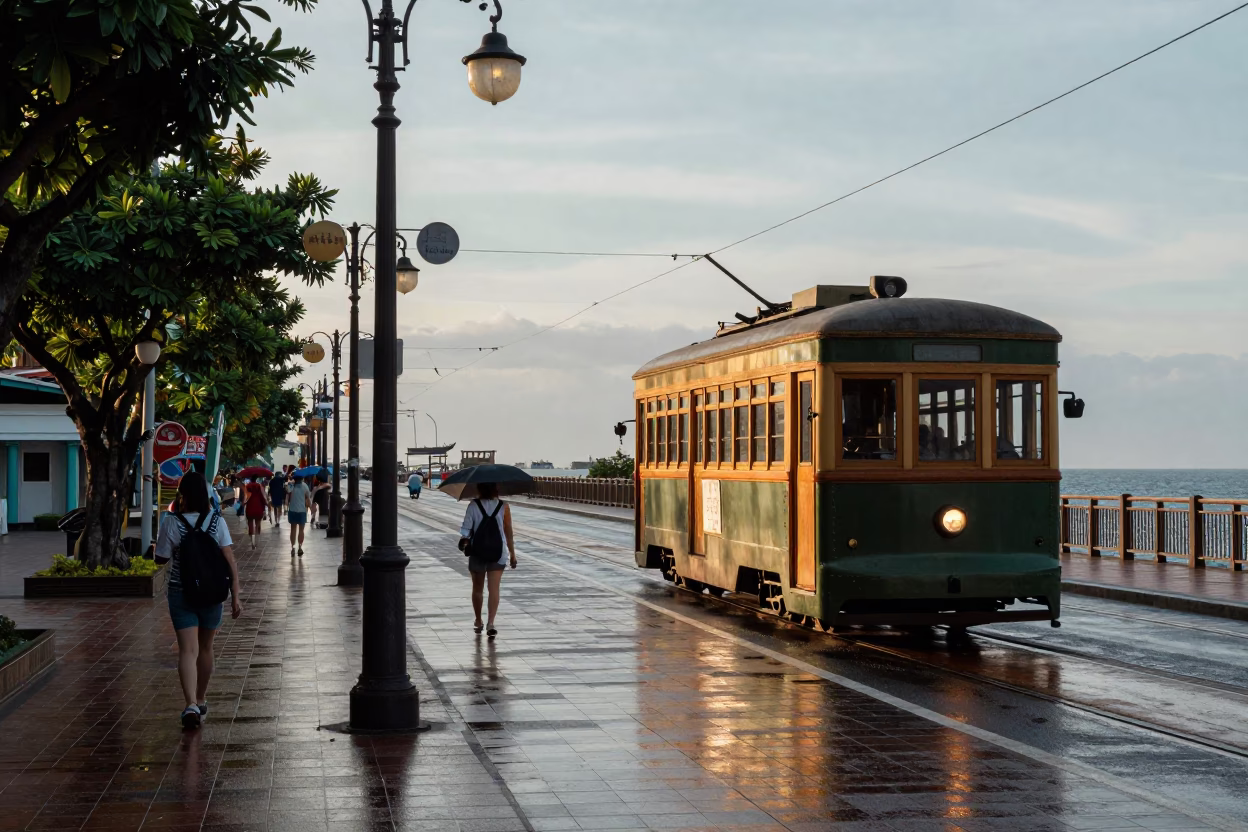 Late Afternoon Street Scene in Kaohsiung Taiwan with Lanterns and Heritage Tram in in Kaohsiung, Taiwan