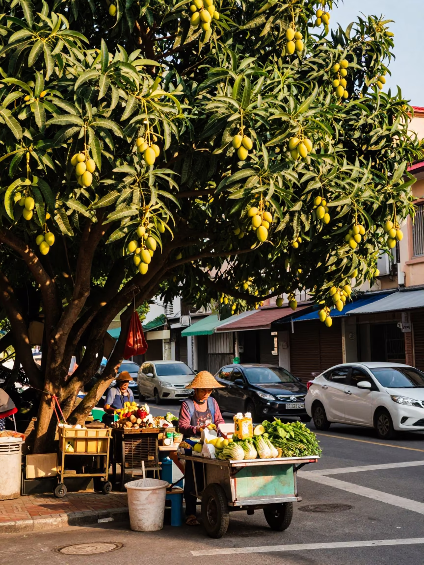 Late Afternoon Street Scene in Kaohsiung Taiwan with Mango Tree and Local Market Activity in in Kaohsiung, Taiwan