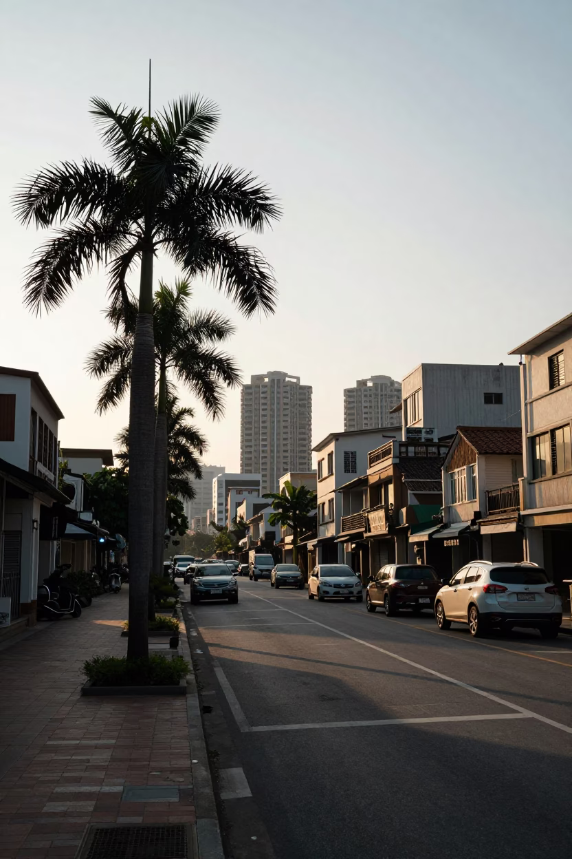 Late afternoon street scene in Kaohsiung Taiwan with palm tree silhouette and casual pedestrian in in Kaohsiung, Taiwan