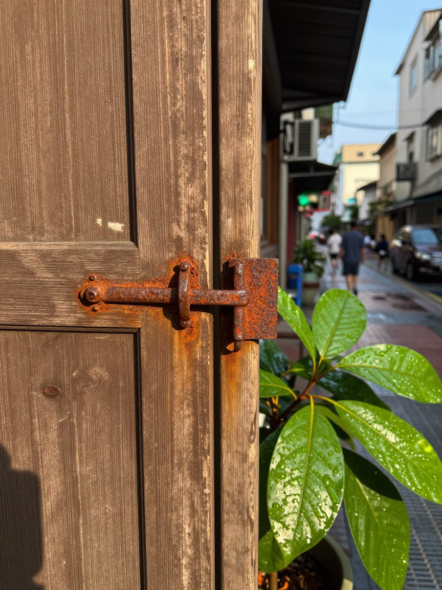 Late Afternoon Street Scene in Kaohsiung Taiwan with Rusty Cabinet Latch and Water Droplets in in Kaohsiung, Taiwan
