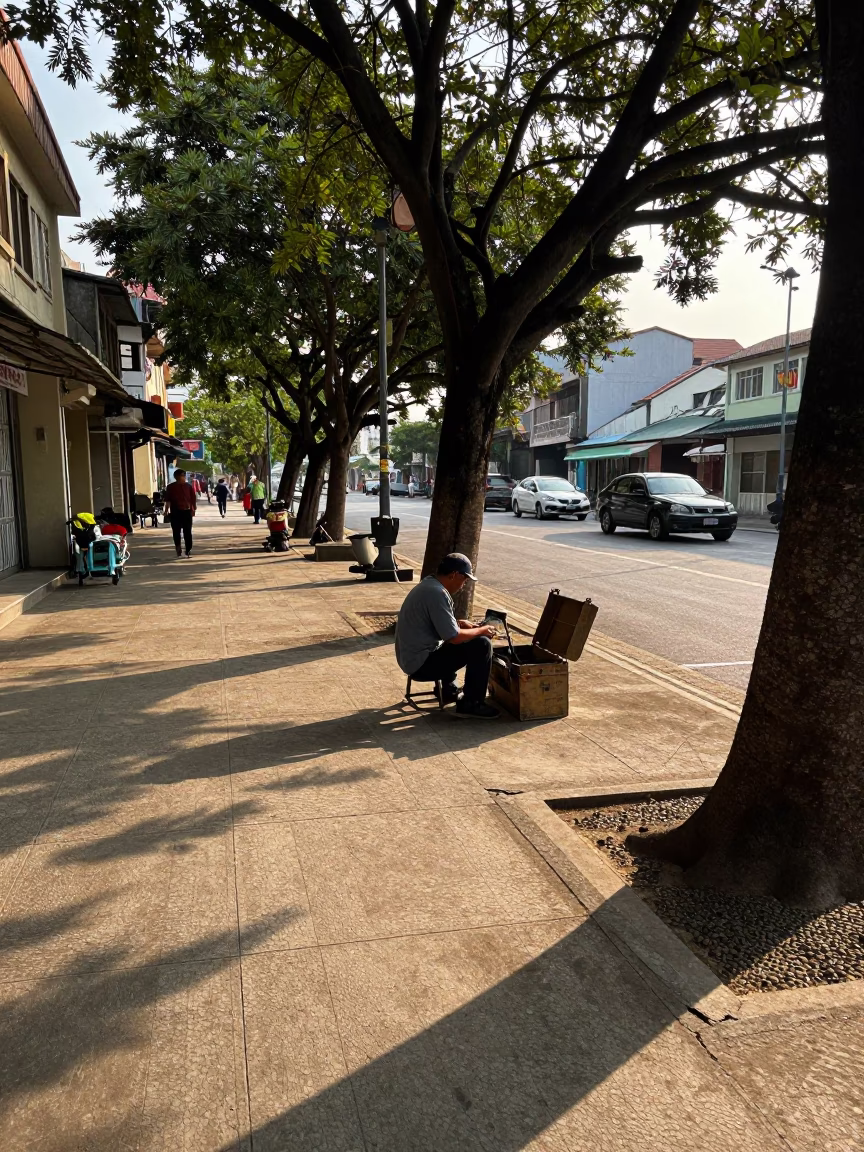 Late Afternoon Street Scene in Kaohsiung Taiwan with Workers and Vintage Tools in in Kaohsiung, Taiwan