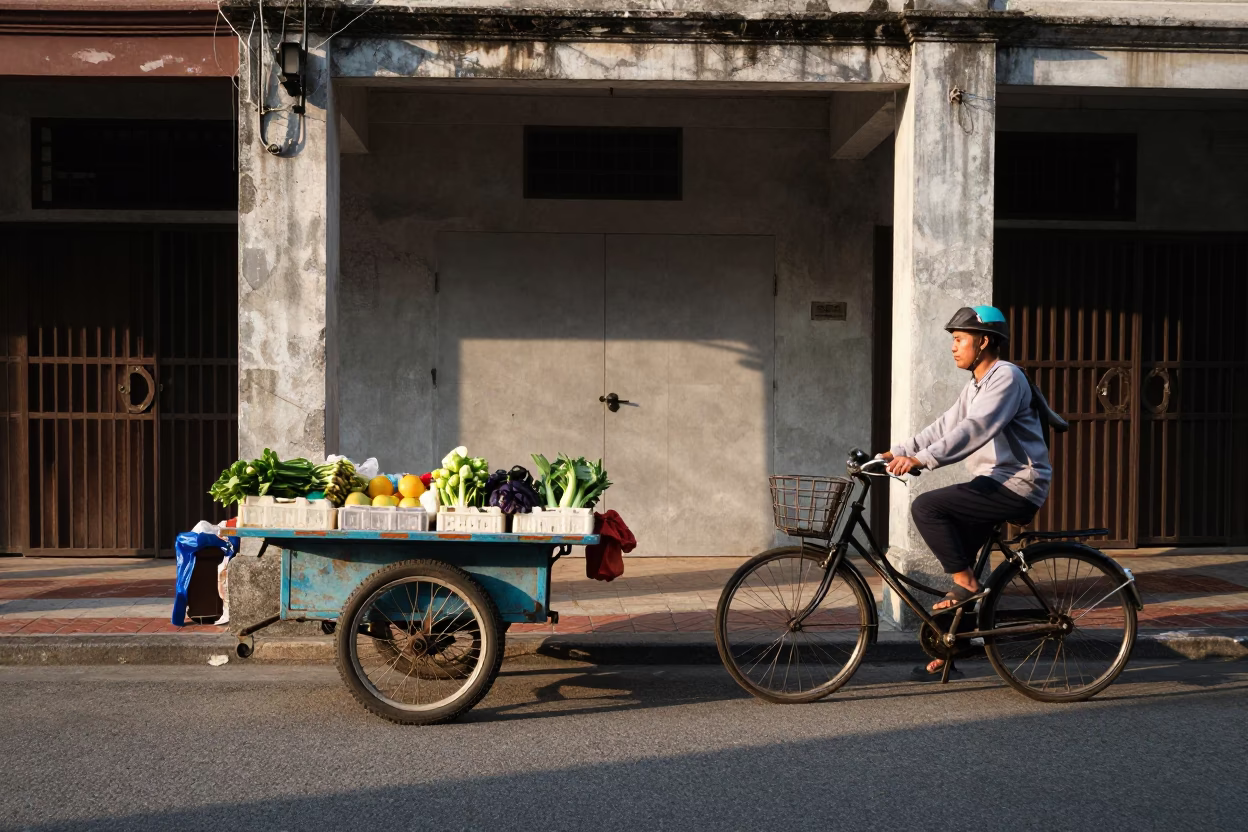 Late Afternoon Street Scene in Kaohsiung with Rolling Carts and Cyclist in in Kaohsiung, Taiwan
