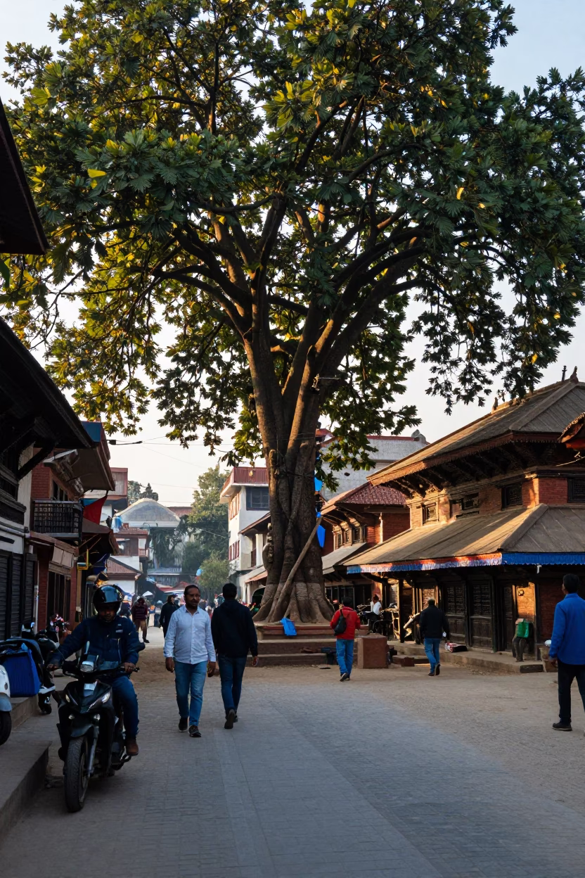 Late Afternoon Street Scene in Kathmandu Nepal with Blue and White Porcelain Bowl in in Kathmandu, Nepal