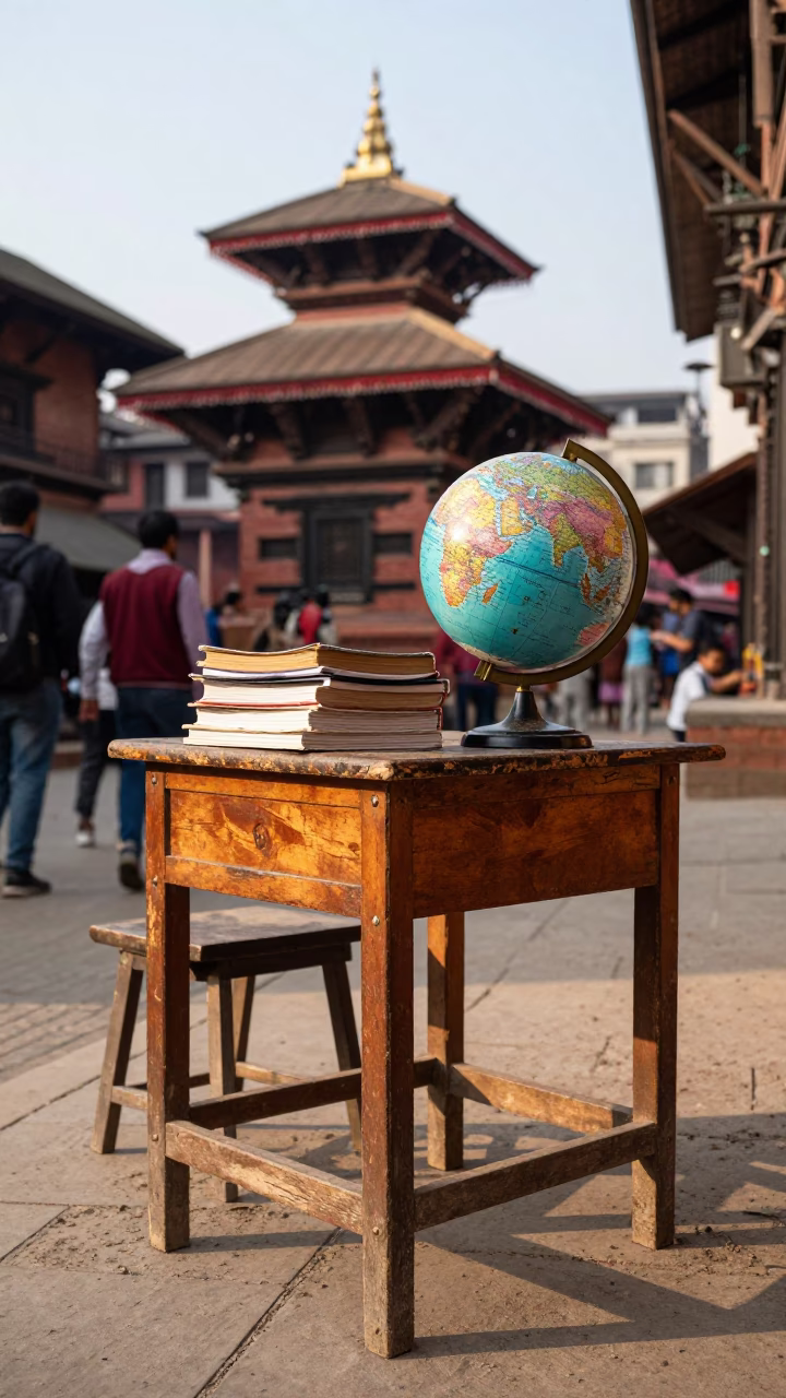 Late Afternoon Street Scene in Kathmandu Nepal with Classroom Globe and Pencils in in Kathmandu, Nepal
