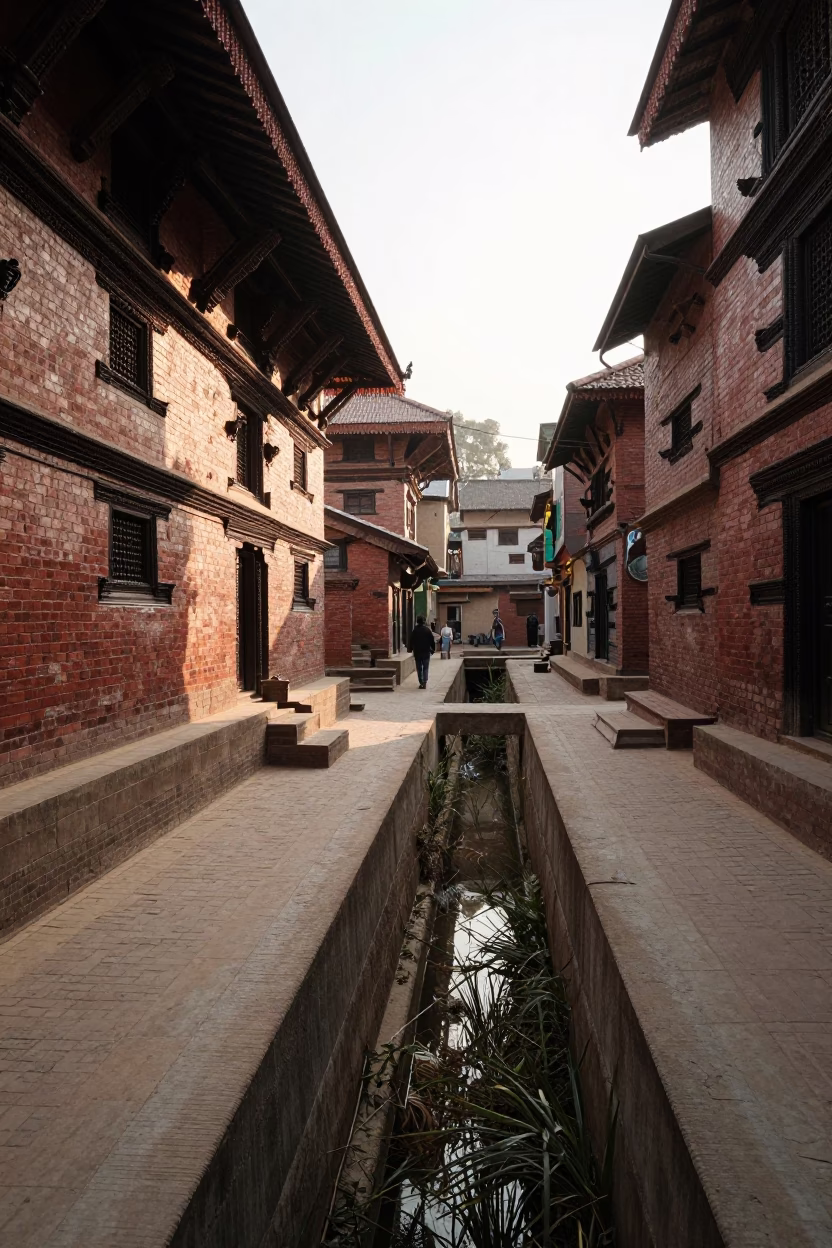 Late Afternoon Street Scene in Kathmandu Nepal with Concrete Canal and Reeds in in Kathmandu, Nepal