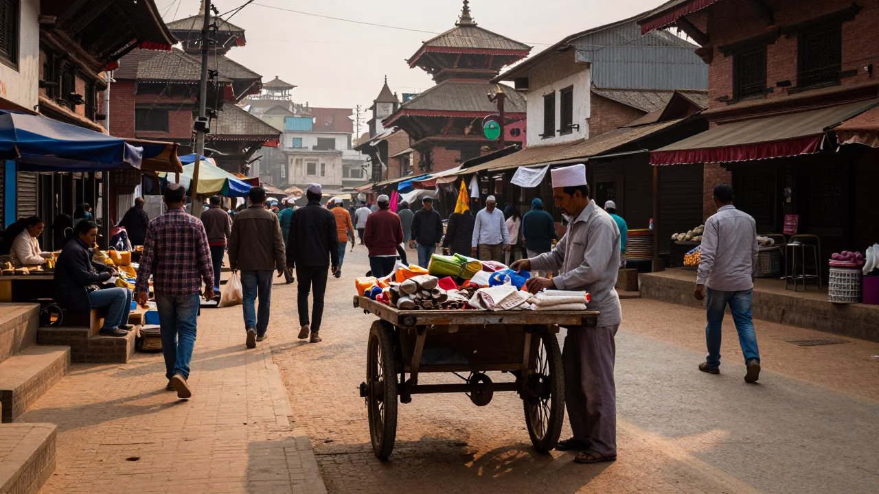 Late Afternoon Street Scene in Kathmandu Nepal with Local Market Activity in in Kathmandu, Nepal