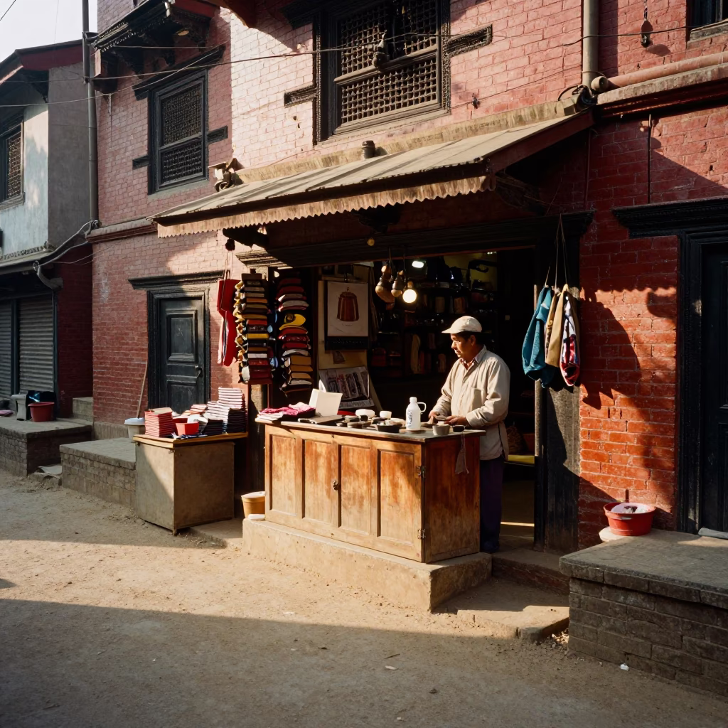 Late Afternoon Street Scene in Kathmandu Nepal with Local Shopkeeper and Vintage Hatbox in in Kathmandu, Nepal