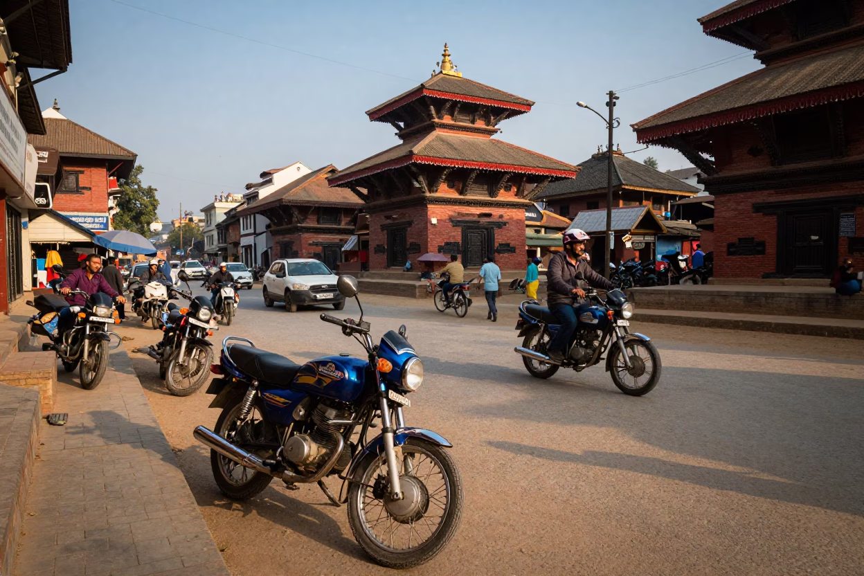 Late Afternoon Street Scene in Kathmandu Nepal with Motorcycle and Local Life in in Kathmandu, Nepal