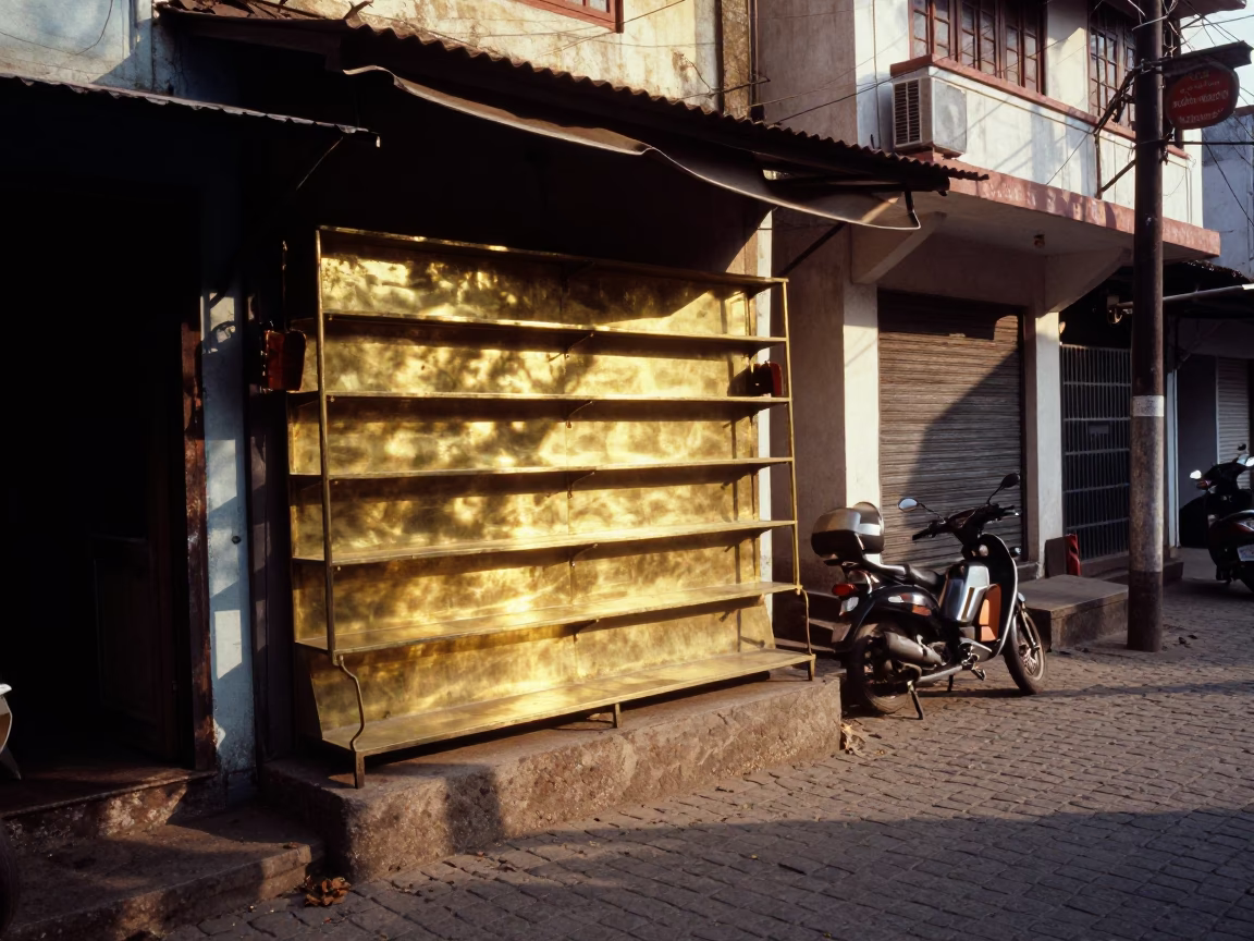 Late Afternoon Street Scene in Kochi India with Brass Shelf and Candlesticks in in Kochi, India