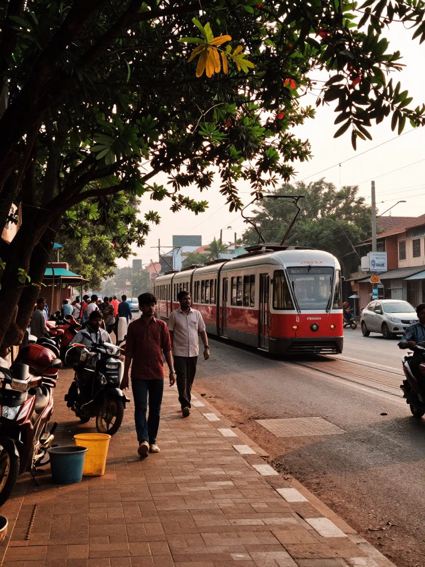 Late Afternoon Street Scene in Kochi India with Funicular and Steel Rail in in Kochi, India